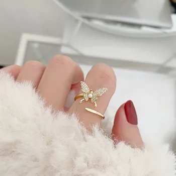 Motýľ Pearl Zirkón Otvoriť Krúžky Pre Ženy 2020 Nové Módne Kórejský Šperky Roztomilý Zlatá Farba Kvetu Krúžok Luxusné Strany, Nastaviteľné