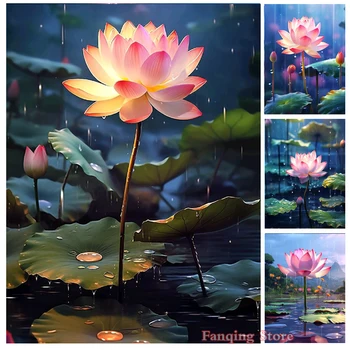 Nové 5D Diamond Maľovanie dážď Lotus Krajiny Diamond Výšivky Kvety Cross Stitch Plný Drahokamu Mozaikové Umenie, Remeslá