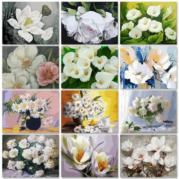 RUOPOTY Biele Kvety Maľovanie Podľa Čísel S Rámom, Akrylové Farby Na Plátne Obraz Podľa Čísel Pre Dospelých Diy Nápady Domov Dekoroch